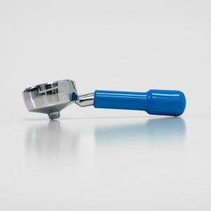 E61 Big Head Portafilter with Shiny Blue Handle front view — Espresso Works Australia