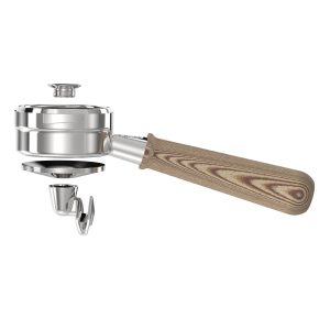 Pesado Hybrid LM/E61 Portafilter OAK front view — Espresso Works Australia
