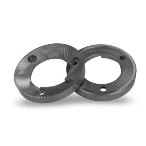 Quamar M1/Q13 75mm Original 'Food Friendly' Long Life Flat Burrs RH front view — Espresso Works Australia