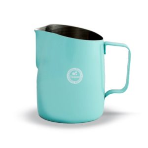 TIAMO Milk Jug 650ml Teal Blue front view — Espresso Works Australia